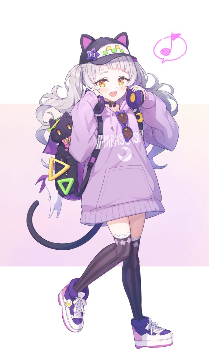 1girl, :d, animal_ears, backpack, bag, bangs, baseball_cap, blunt_bangs, choker, drawstring, eyewear_removed, fake_animal_ears, full_body, grey_hair, hands_up, hat, headphones, headphones_around_neck, holding, holding_headphones, hololive, hood, hood_down, hoodie, long_hair, long_sleeves, murasaki_shion, musical_note, open_mouth, pink_hoodie, puffy_sleeves, purple-framed_eyewear, shiokko_(murasaki_shion), sleeves_past_wrists, smile, solo, star_(symbol), striped, tail, tam-u, teeth, thigh-highs, twintails, two-tone_background, upper_teeth_only, vertical_stripes, virtual_youtuber, yellow_eyes