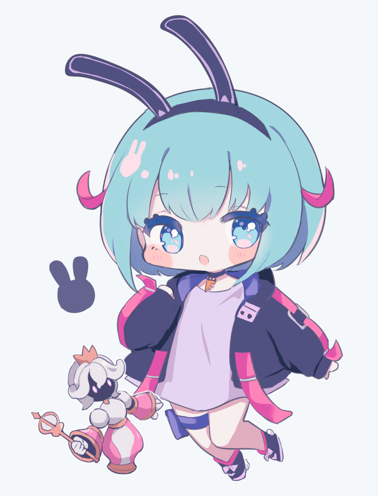 animal_ears, black_choker, black_headwear, black_hoodie, blue_eyes, blue_hair, blush, choker