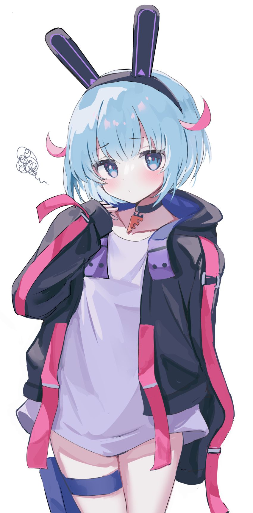 absurdres, black_choker, black_headwear, black_hoodie, blue_eyes, blue_hair, blush, choker