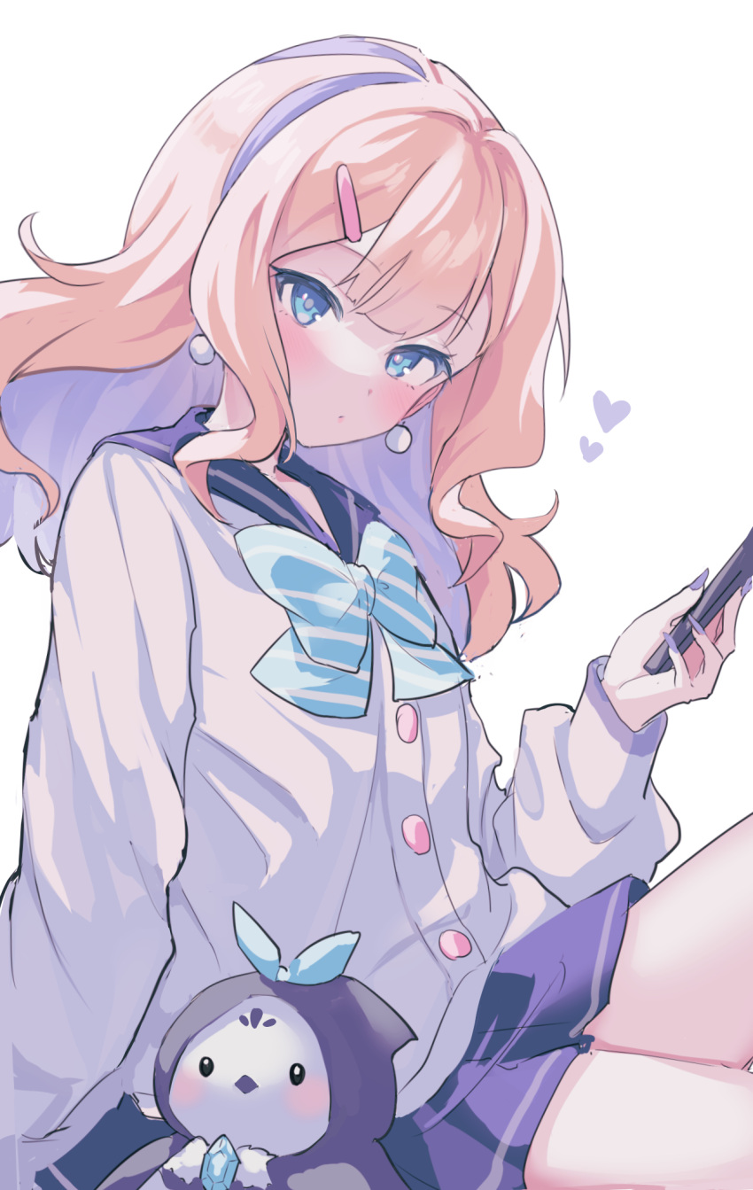 bare_legs, blonde_hair, blue_eyes, blue_ribbon, blue_skirt, buttons, cellphone, earrings, hair_ornament, highres, jewelry, karunabaru, nail_polish, phone, purple_hair, ribbon, shadowverse, shadowverse_(anime), shadowverse_flame, shirt, skirt, smartphone, takanashi_tsubasa_(shadowverse_flame), white_shirt