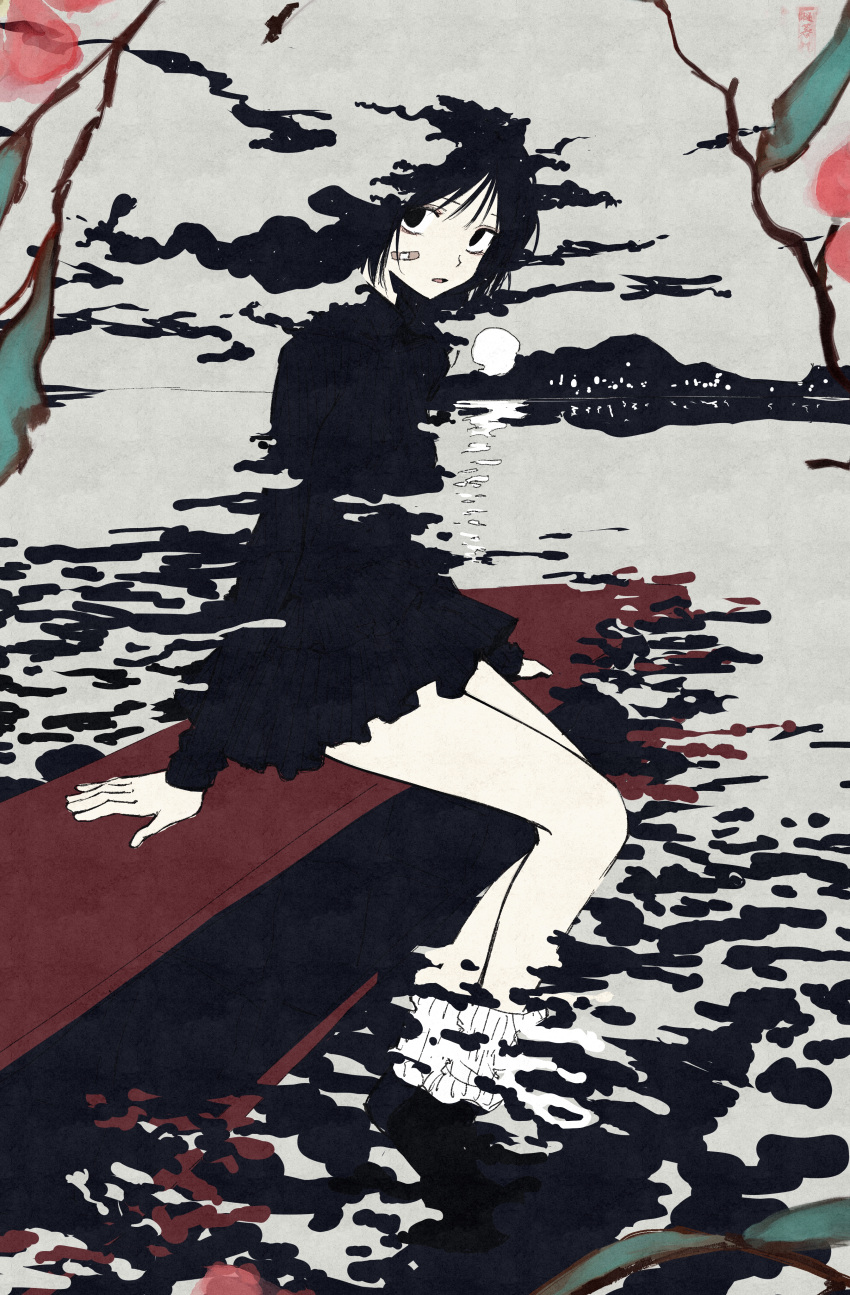 1girl, 7ife, absurdres, bandaid, bandaid_on_face, black_dress, black_eyes, black_hair