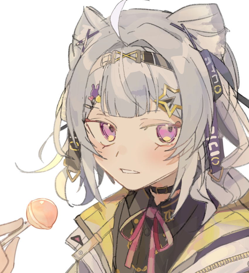 1girl, ahoge, bangs, candy, choker, cone_hair_bun, double_bun, food, grey_hair, hair_bun, hair_ornament, highres, holding, holding_candy, holding_food, holding_lollipop, jacket, lollipop, looking_to_the_side, maid_headdress, medium_hair, nijisanji, nijisanji_en, parted_lips, pink_ribbon, portrait, ribbon, solo, star_(symbol), star_hair_ornament, tsukikaze_aki, upper_body, violet_eyes, virtual_youtuber, white_background, zaion_lanza