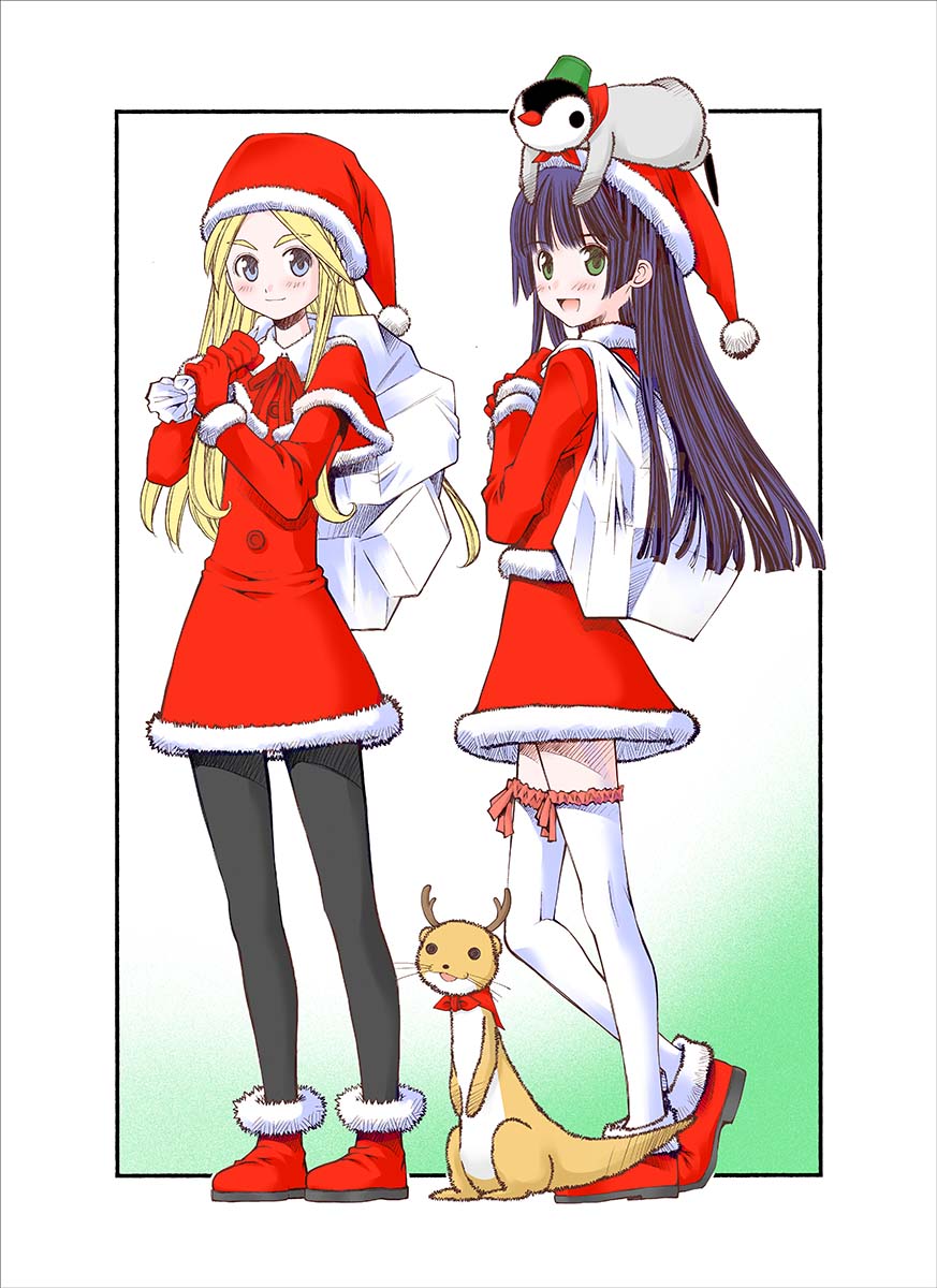 2girls, animal_on_head, antlers, bird, black_border, black_pantyhose, blonde_hair, blue_eyes