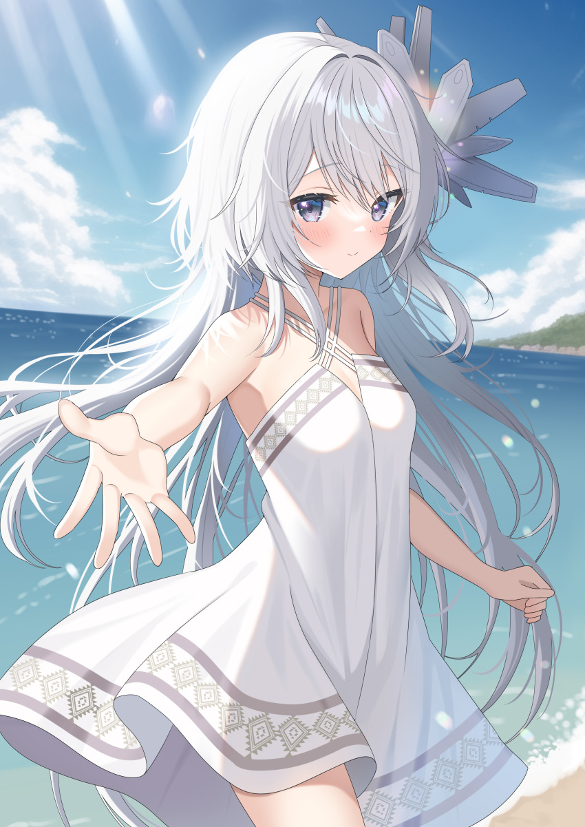 1girl, absurdres, beach, dress, flower, hair_flower, hair_ornament, highres