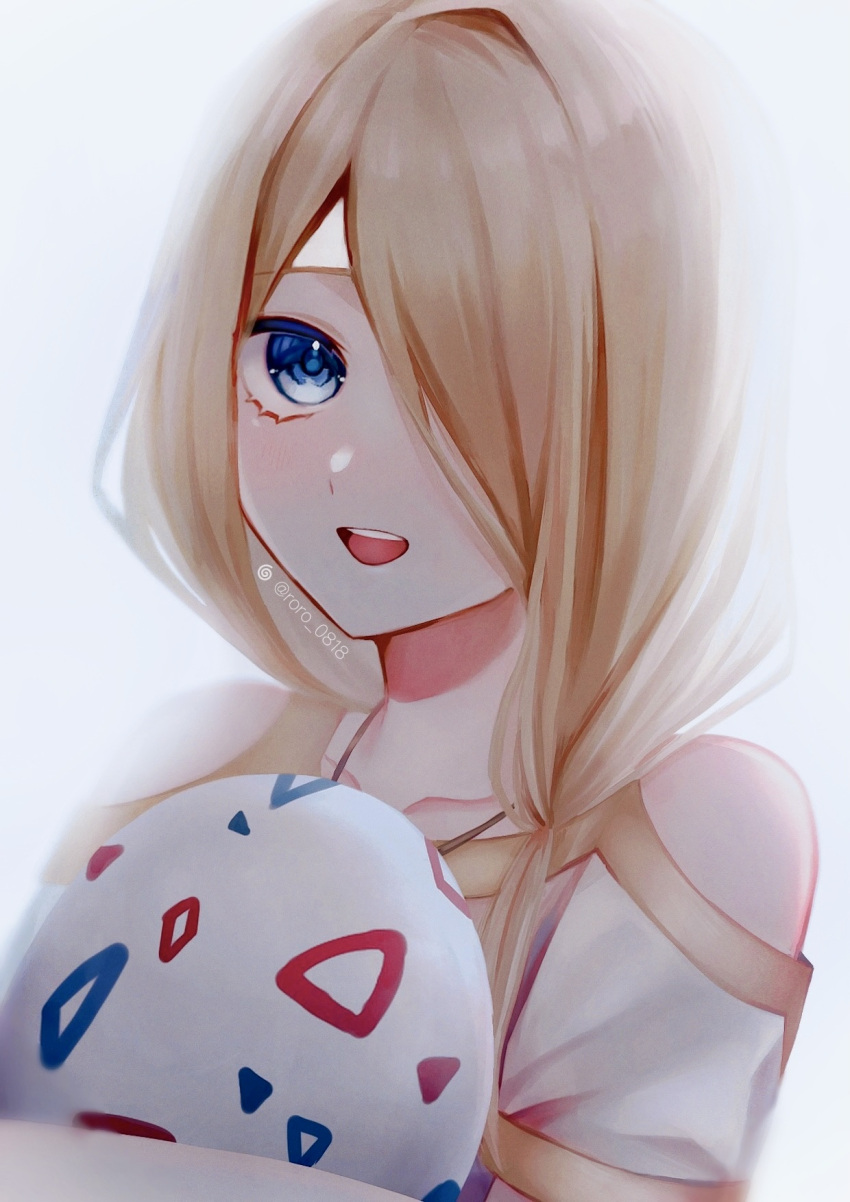 1boy, aged_down, artist_name, bangs, blonde_hair, blue_eyes, blush, egg, hair_over_one_eye, hair_over_shoulder, highres, holding, holding_egg, jewelry, long_hair, looking_at_viewer, low_ponytail, necklace, off-shoulder_shirt, off_shoulder, open_mouth, pokemon, pokemon_(game), pokemon_legends:_arceus, roro_0818, shirt, smile, solo, togepi_egg, volo_(pokemon)