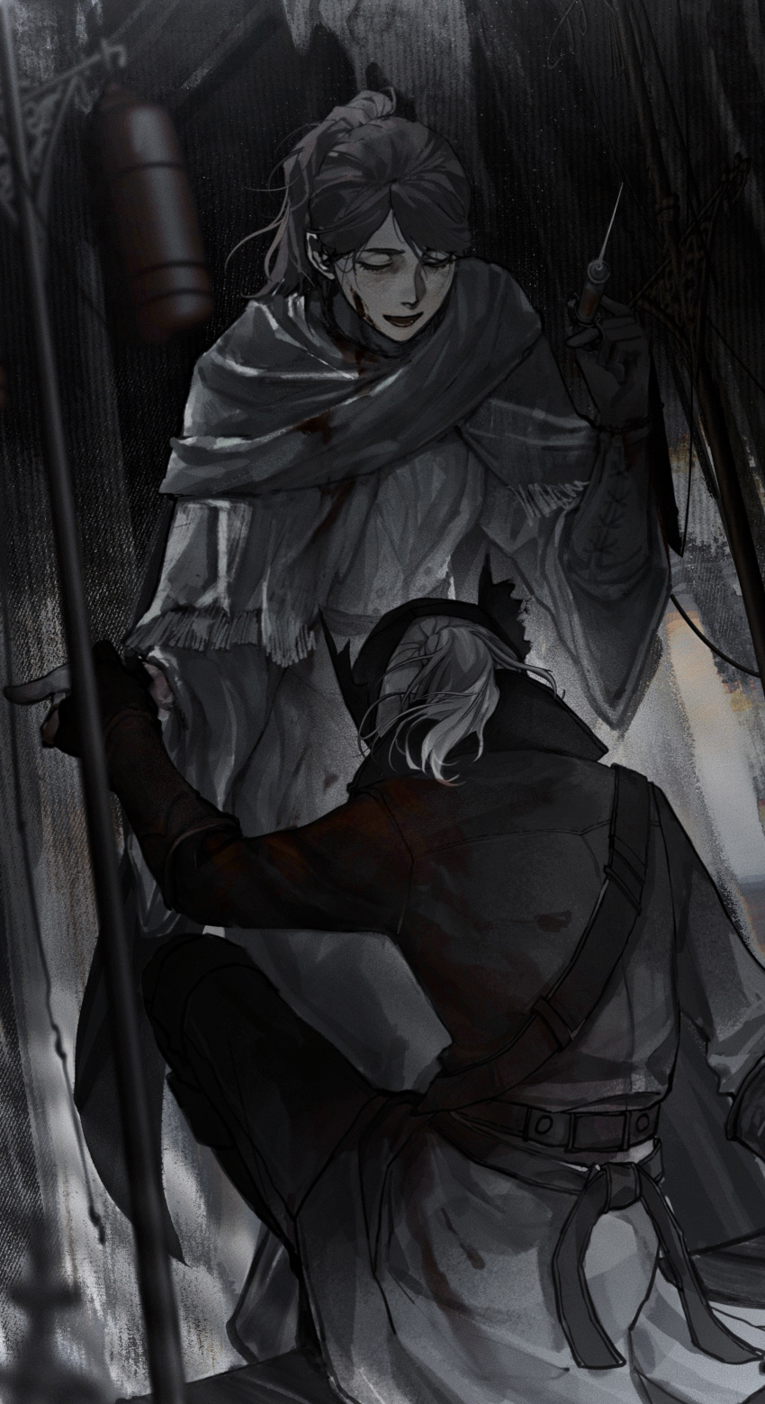 1girl, 1other, absurdres, ambiguous_gender, bangs, belt, black_gloves, blood, blood_on_clothes, blood_on_face, bloodborne, blurry, brown_hair, capelet, closed_eyes, coat, depth_of_field, elbow_gloves, facing_away, feet_out_of_frame, fringe_trim, gloves, grey_capelet, grey_coat, grey_hair, grey_pants, grey_robe, grey_theme, highres, holding, holding_hands, holding_syringe, hunter_(bloodborne), indoors, iosefka, medium_hair, one_knee, open_mouth, pants, parted_bangs, ponytail, ramiica, robe, shoulder_belt, standing, syringe, wide_sleeves