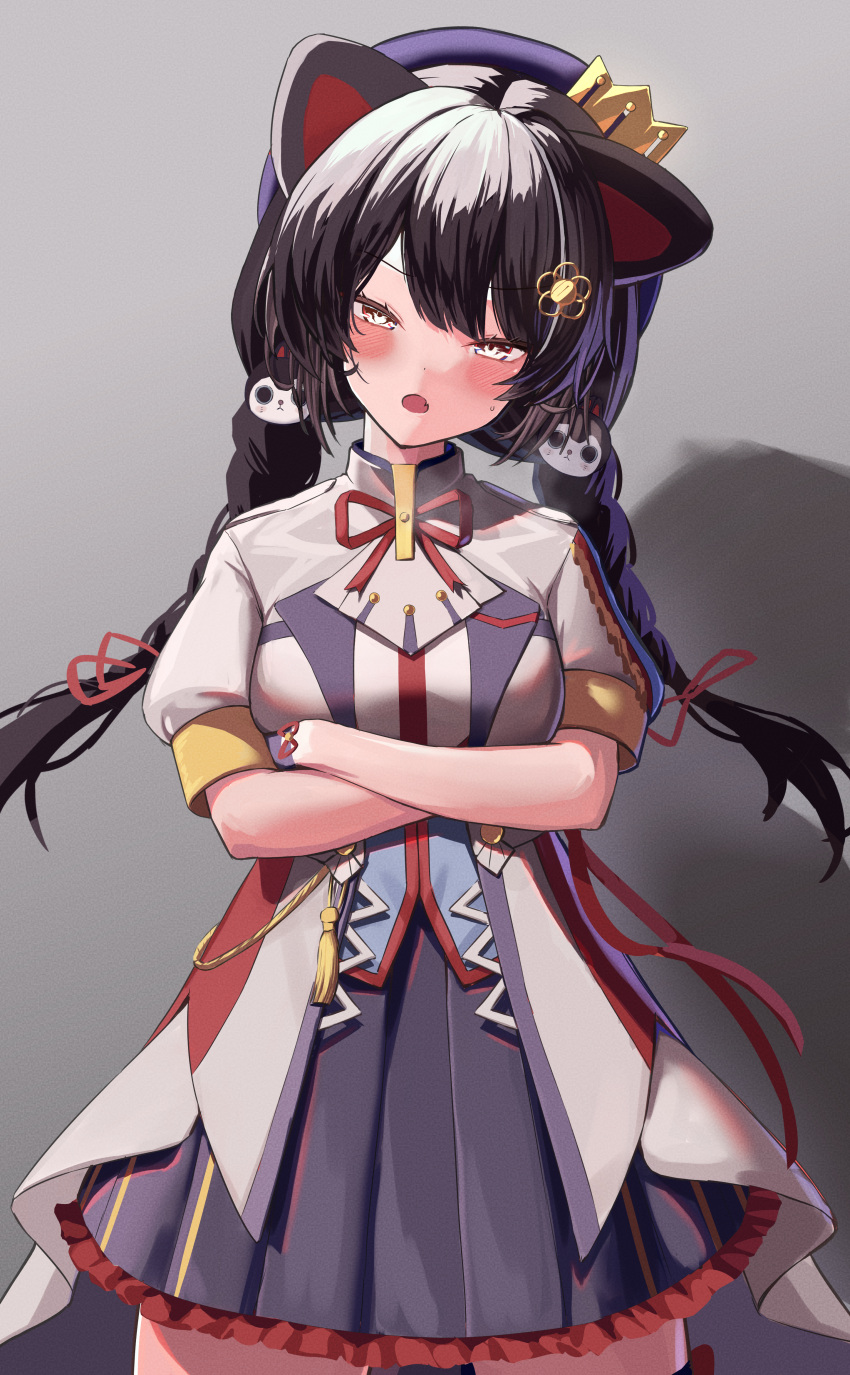 1girl, absurdres, ami_no_fuda, angry, animal_ears, beret, black_hair, blue_headwear