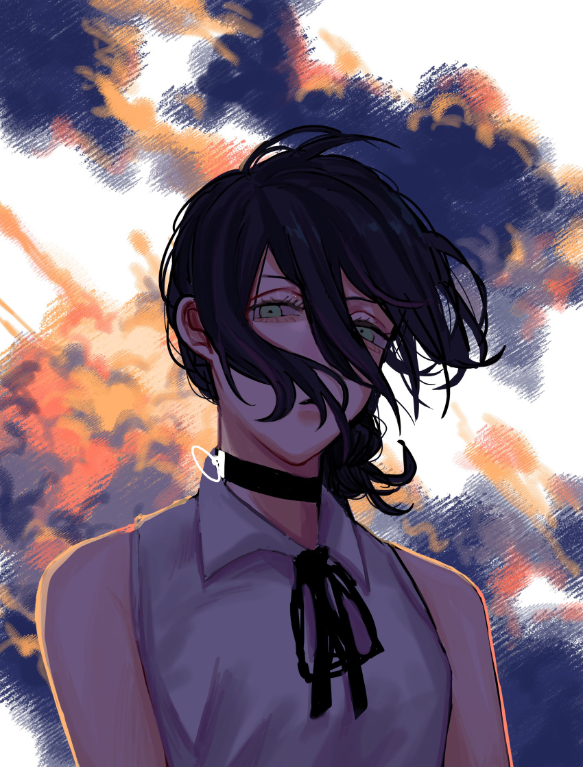 1girl, absurdres, bangs, black_choker, black_hair, black_ribbon, chainsaw_man, choker
