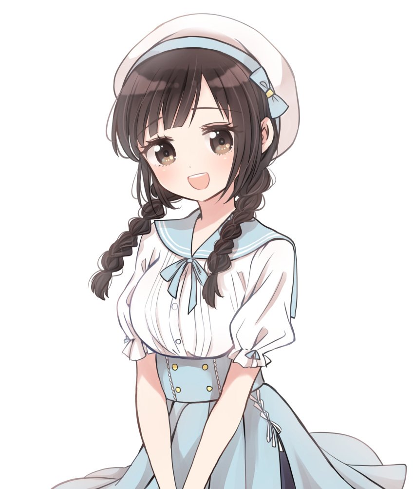 1girl, :d, bangs, black_eyes, black_hair, blue_bow, blue_sailor_collar, blue_skirt