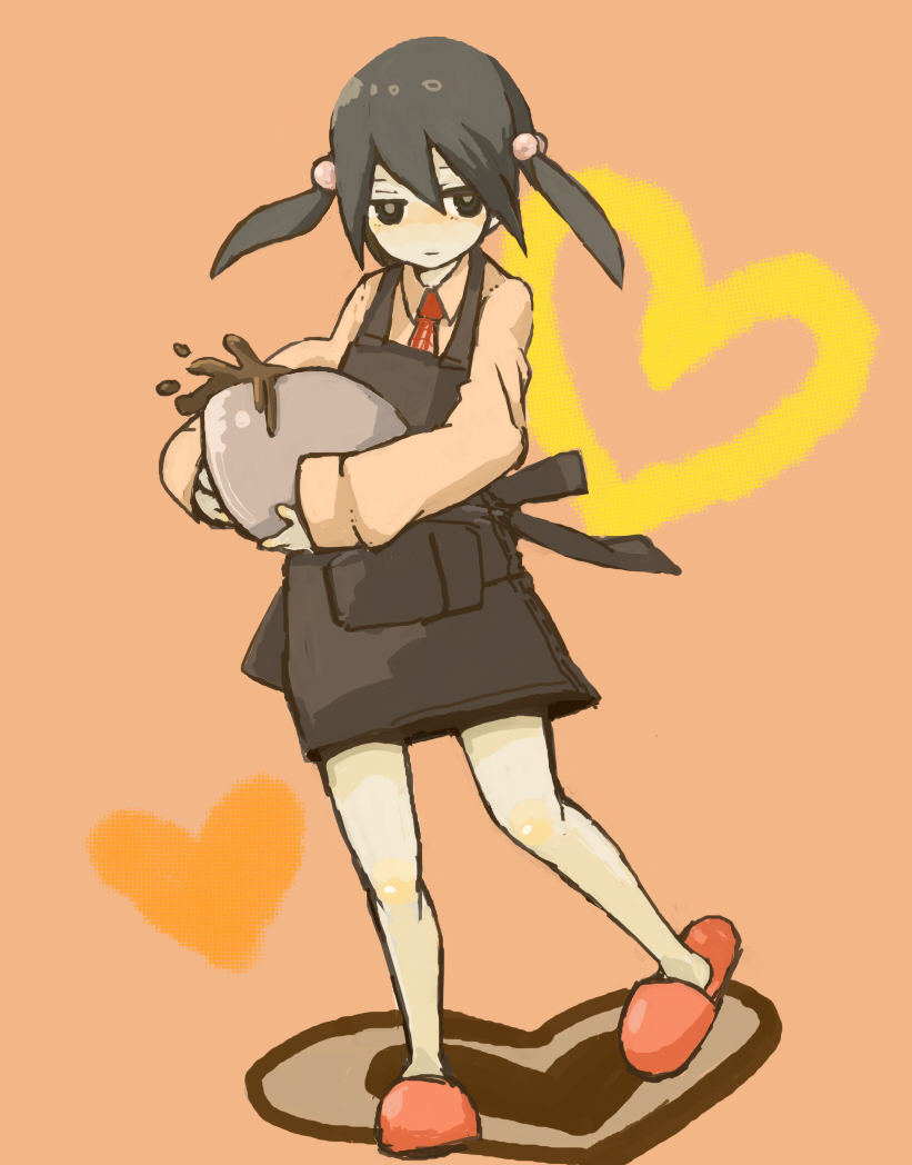 apron, black_eyes, black_hair, bowl, disco_chocolat_(vocaloid), hair_bobbles, heart, kaai_yuki