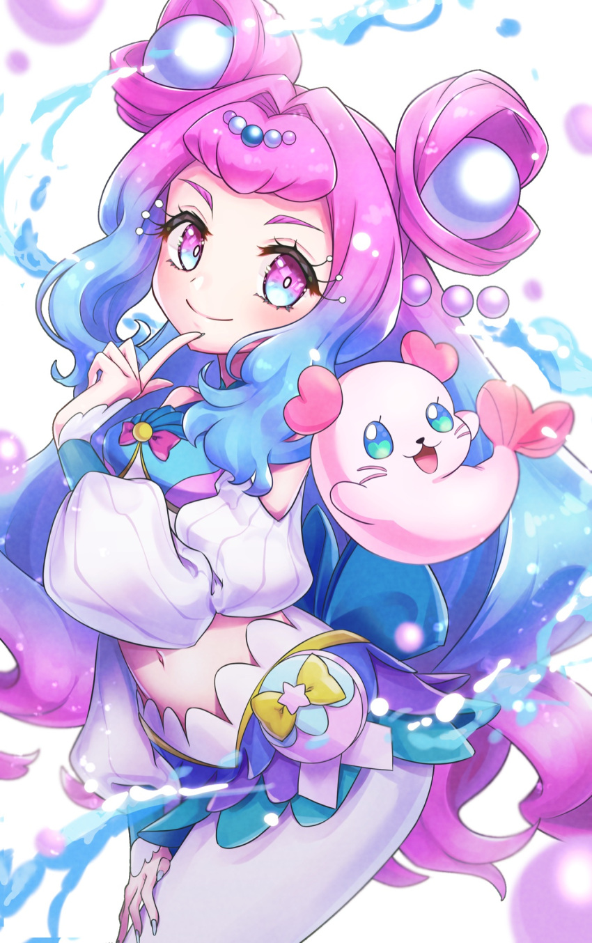 1girl, arm_warmers, blue_eyes, blue_nails, colored_eyelashes, crop_top, cure_la_mer, eyelash_ornament, heart, heart_in_eye, highres, kururun_(precure), laura_la_mer, layered_skirt, leggings, magical_girl, midriff, mismatched_eyelashes, moukinui, multicolored_eyes, nail_polish, navel, pearl_hair_ornament, pouch, precure, seal_(animal), skirt, smile, solo, symbol_in_eye, thick_eyelashes, tropical-rouge!_precure, water, white_background, white_leggings