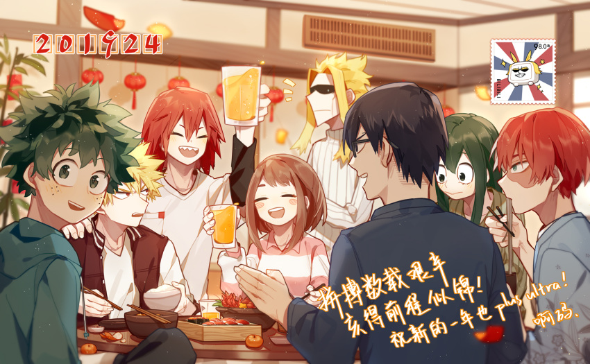 2girls, 6+boys, :d, all_might, alternate_costume, amarouhi, arm_up, asui_tsuyu