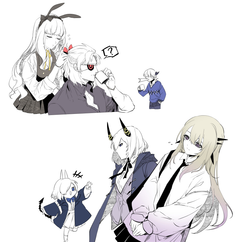 +++, 2boys, 4girls, ?, absurdres, alchemy_stars, alternate_costume, amol_0522, animal_ears, areia_(alchemy_stars), bangs, bethel_(alchemy_stars), black_skirt, blonde_hair, blue_coat, blue_eyes, bow, bracelet, casual, closed_eyes, closed_mouth, coat, collar, collared_shirt, corax_(alchemy_stars), cup, cuscuta_(alchemy_stars), dress, drinking, eyepatch, fake_animal_ears, flying_sweatdrops, hair_bow, hairband, hand_in_pocket, highres, holding, holding_cup, horns, jane_(alchemy_stars), jewelry, long_hair, long_sleeves, multiple_boys, multiple_girls, multiple_views, neck_ribbon, necktie, partially_colored, pinafore_dress, rabbit_ears, ribbon, shirt, short_hair, skirt, spikes, spit_take, spitting, spoken_question_mark, sweater_vest, tail, taki_(alchemy_stars), v_arms, white_background