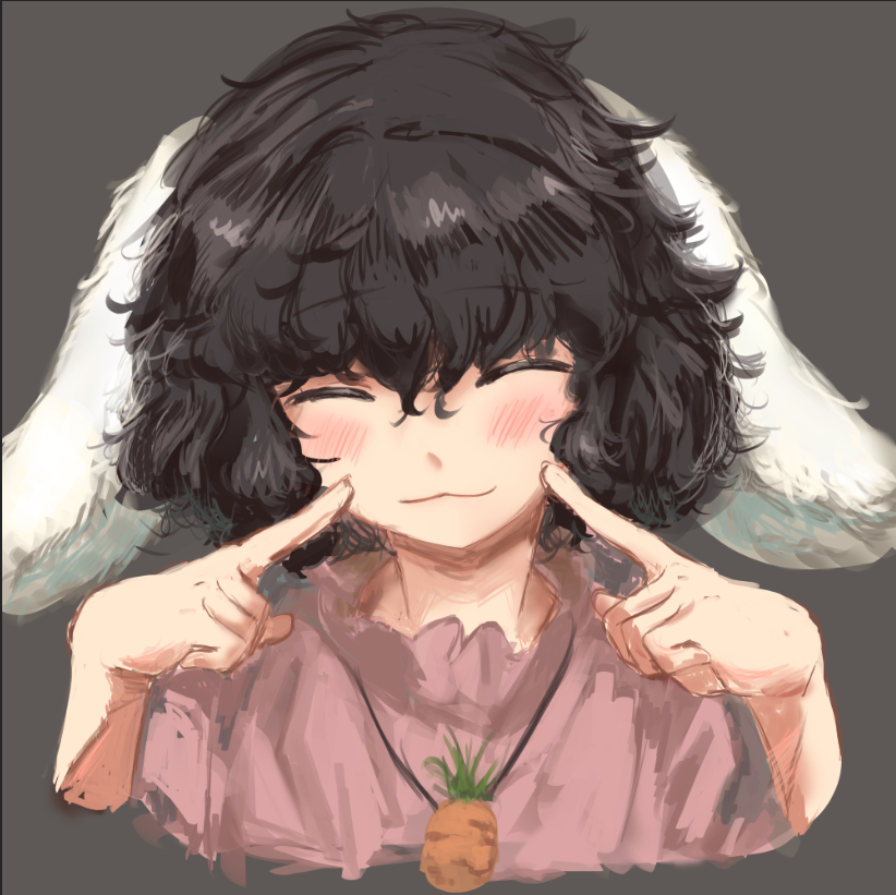 1girl, animal_ears, black_background, black_hair, carrot_necklace, closed_eyes, closed_mouth, english_commentary