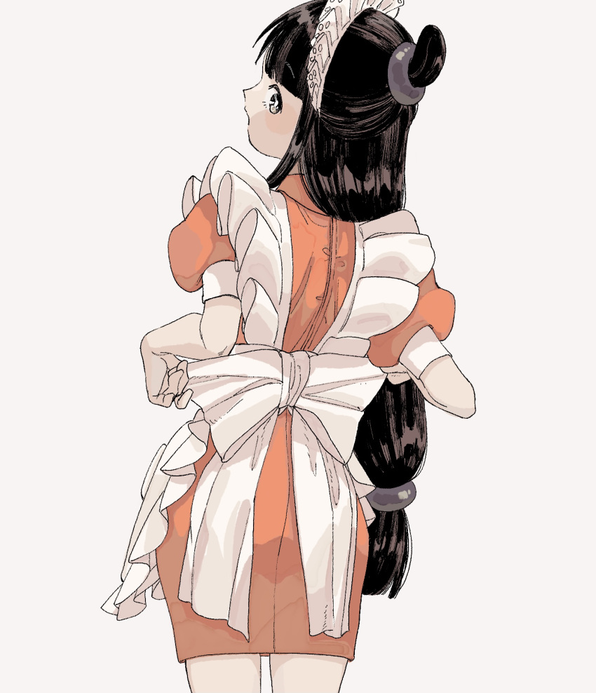 1girl, ace_attorney, apron, back_bow, bangs, black_hair, blunt_bangs, bow