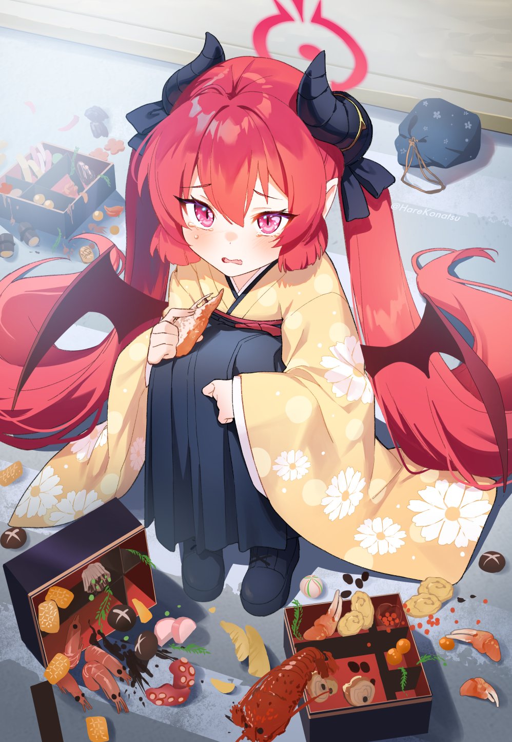 1girl, bangs, bento, black_bow, black_footwear, black_skirt, blue_archive, blush