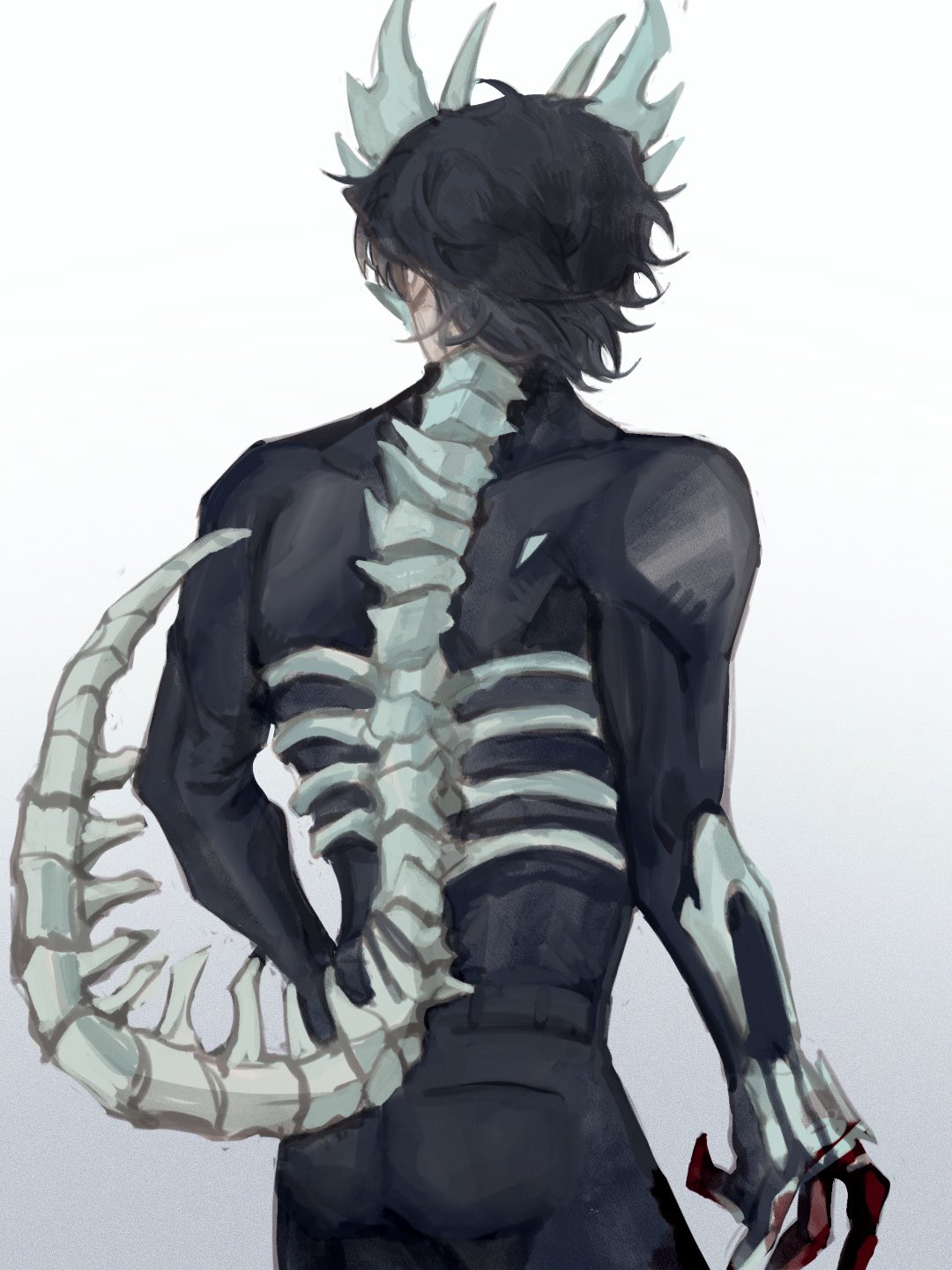 1boy, adapted_costume, black_gloves, black_hair, black_pants, black_shirt, blood, blood_on_hands, bone_armor, bone_print, dragon, dragon_boy, dragon_horns, facing_away, gloves, highres, horns, kamen_rider, kamen_rider_saber, kamen_rider_saber_(series), kamen_rider_saber_primitive_dragon_brave_dragon, kamiyama_touma, meowq, pants, ribs, shirt, solo, spine, tail