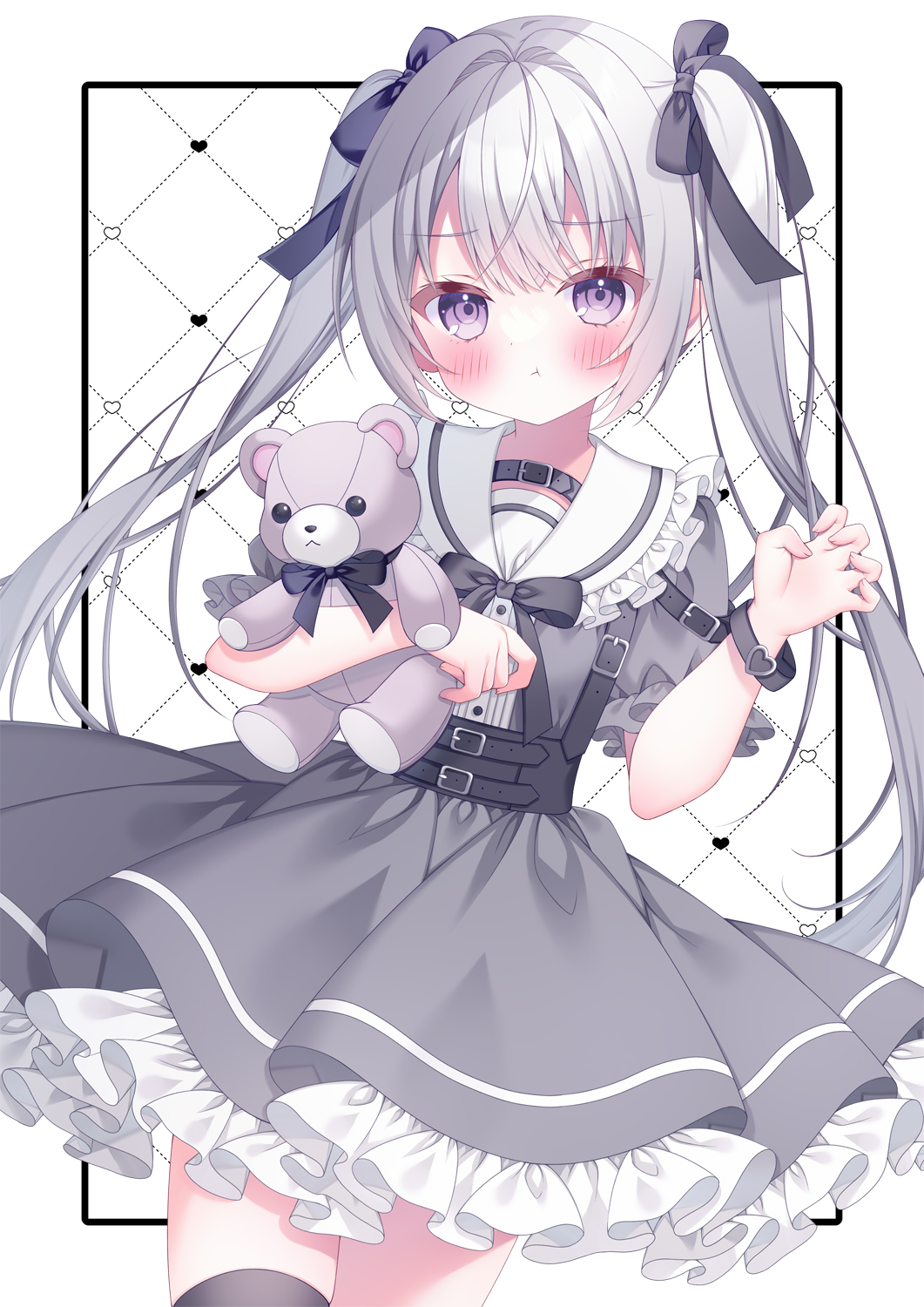1girl, :t, bangs, blush, bracelet, claw_pose, dress, frilled_dress
