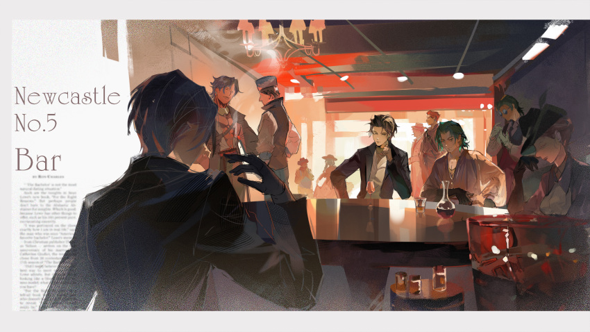 2girls, 6+boys, absurdres, black_coat, black_gloves, chandelier, chinese_commentary, clothes_lift