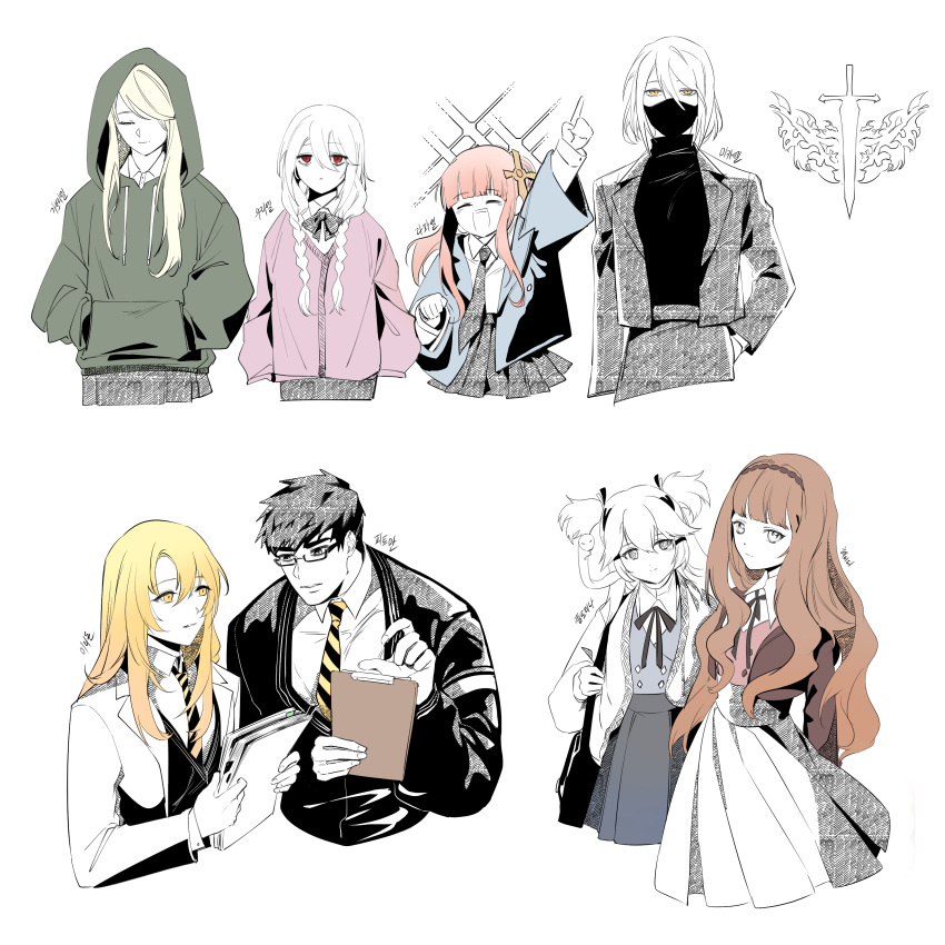 1boy, 6+girls, =_=, absurdres, alchemy_stars, alternate_costume, amol_0522, bag