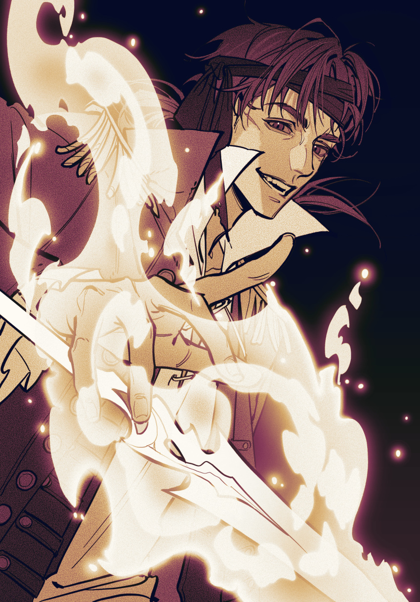 1boy, bandana, bangs, black_background, chinese_commentary, commentary_request, dagger, danitz_(lord_of_the_mysteries)