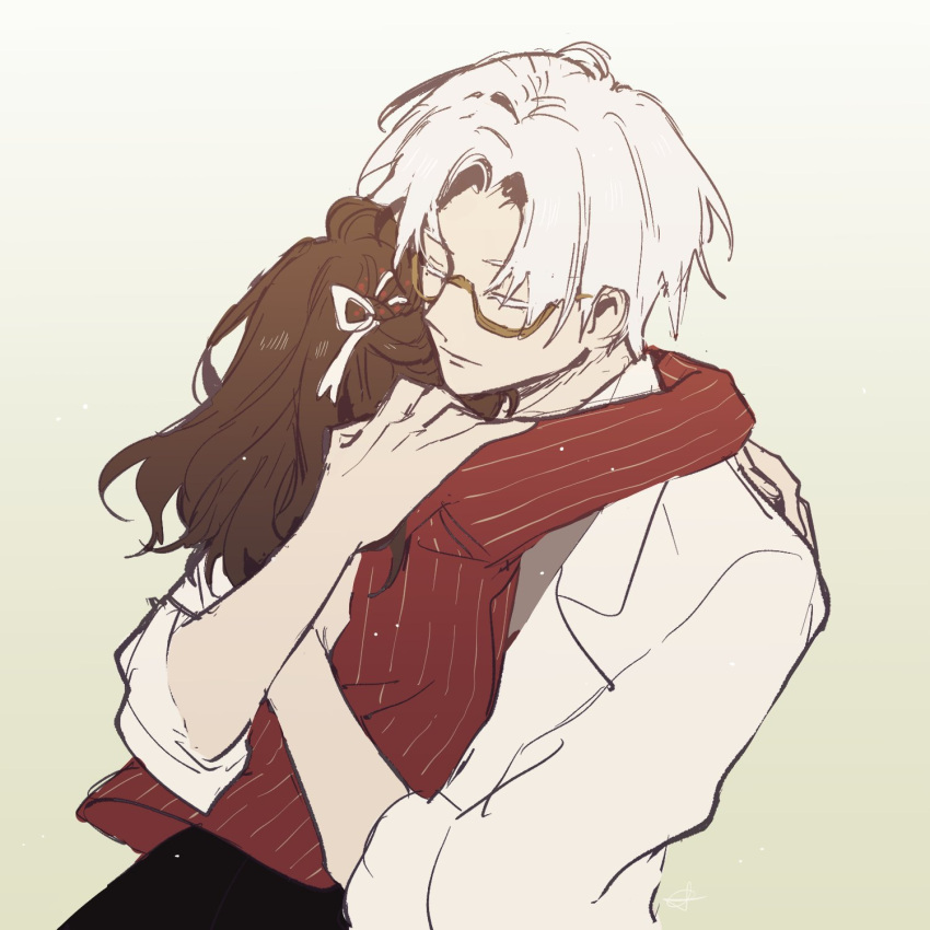 1boy, 1girl, back, bangs, black_skirt, brown_hair, closed_eyes, collared_shirt