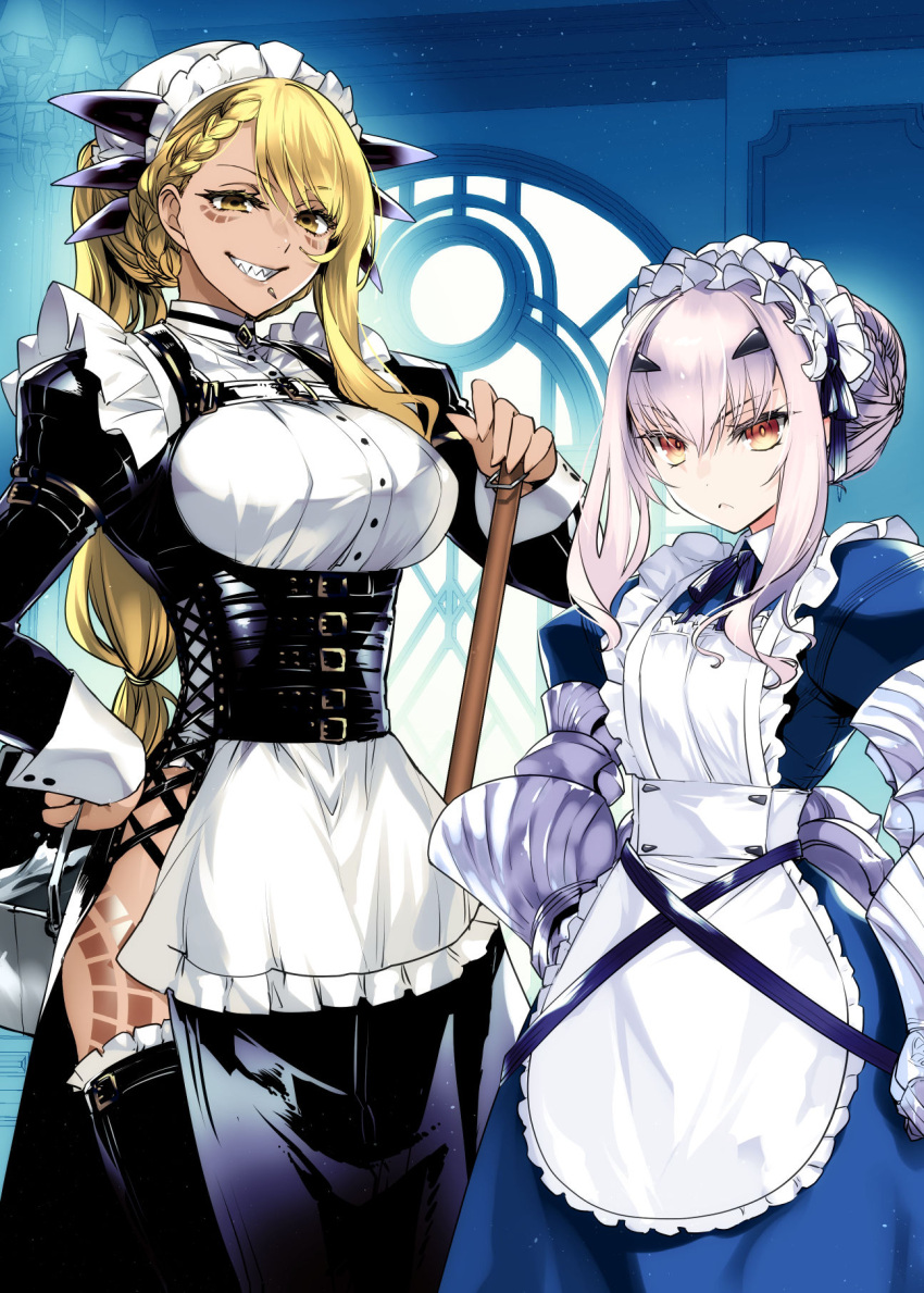 2girls, alternate_costume, apron, bangs, black_dress, blonde_hair, breasts, chin_piercing