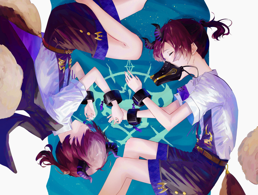 2girls, absurdres, ahoge, alchemy_stars, bangs, belt, black_jacket, black_shorts