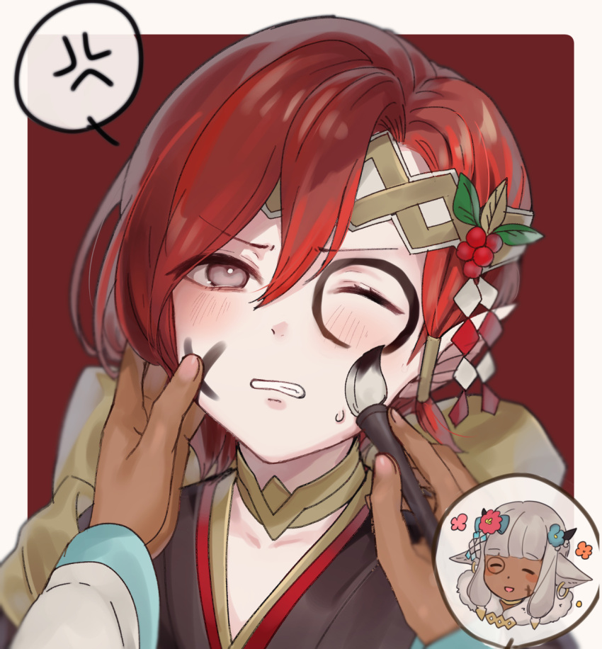 1boy, 1girl, animal_ears, ash_(fire_emblem), black_kimono, blush, bodypaint, brown_eyes, calligraphy_brush, chibi, closed_eyes, commentary, cow_ears, dark-skinned_female, dark_skin, elm_(fire_emblem), facepaint, fingernails, fire_emblem, fire_emblem_heroes, grey_hair, hair_ornament, hand_on_another's_face, haru_(nakajou-28), headband, highres, holding, holding_paintbrush, japanese_clothes, kimono, official_alternate_costume, one_eye_closed, paintbrush, pov, redhead, short_hair, sweatdrop, white_kimono, yukata