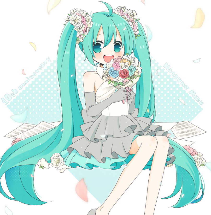 1girl, :d, anniversary, aqua_dress, aqua_eyes, aqua_flower, aqua_hair, aqua_rose