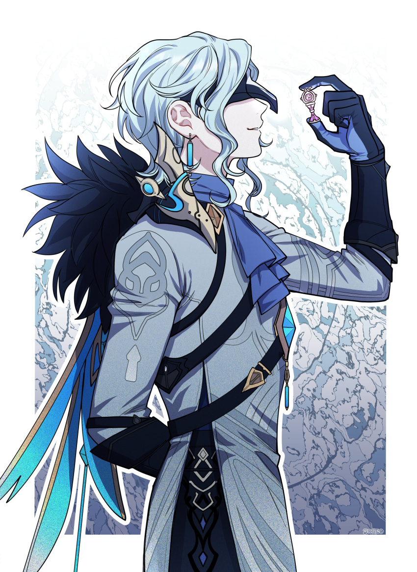 1boy, absurdres, aqua_hair, arm_behind_back, ascot, bangs, black_gloves, black_mask, blue_ascot, blue_gloves, chess_piece, coat, dottore_(genshin_impact), earrings, eye_mask, from_side, genshin_impact, gloves, gnosis_(genshin_impact), grey_coat, highres, holding, holding_chess_piece, jewelry, long_sleeves, male_focus, mask, multicolored_clothes, multicolored_gloves, pillosopi, simple_background, solo