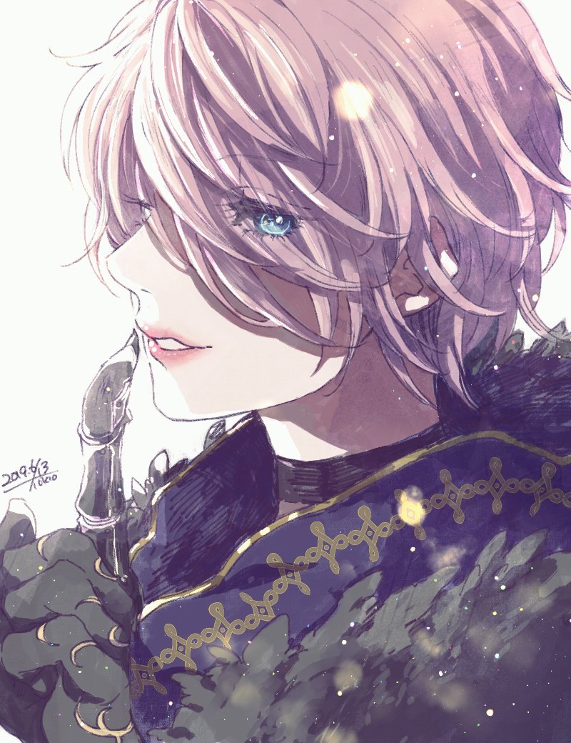 1boy, bangs, bishounen, black_choker, black_gloves, blue_eyes, choker, commentary_request