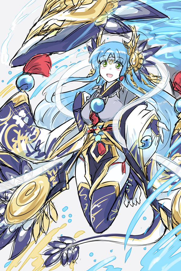 1girl, artist_request, blue_hair, blue_stockings, blush, dragon, ear_ornament, floating