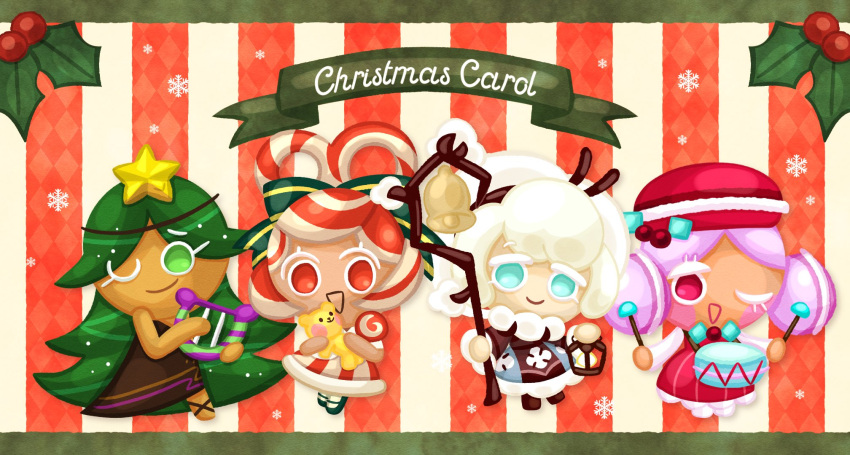 4girls, banner, bell, blue_eyes, carol_cookie, christmas, cookie_run, cookie_run_kingdom