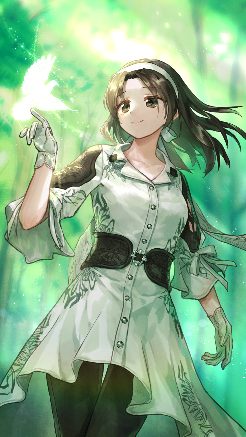 1girl, bird, black_hair, brown_eyes, holding_animal, holding_bird, kazama_jun, lune_(artist)