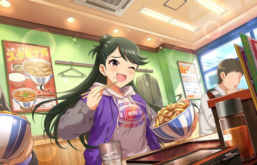 black_eyes, black_hair, idolmaster_cinderella_girls_starlight_stage, jacket, kirino_aya, long_hair, smile