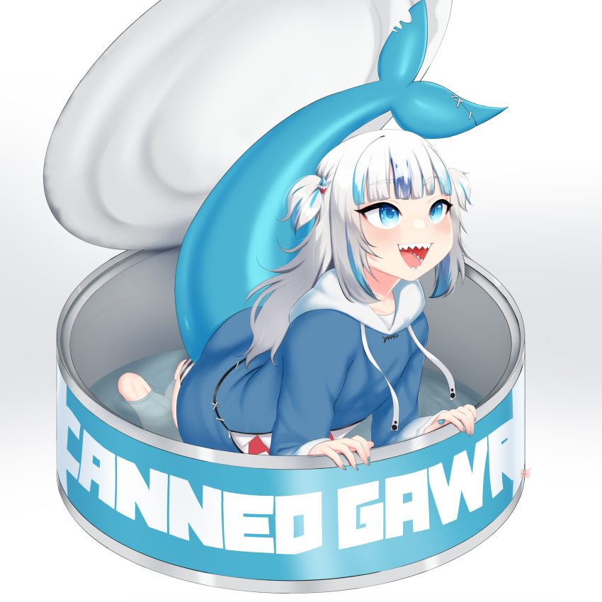 absurdres, animal_costume, animal_hood, blue_eyes, blue_hair, blue_hoodie, can, drawstring