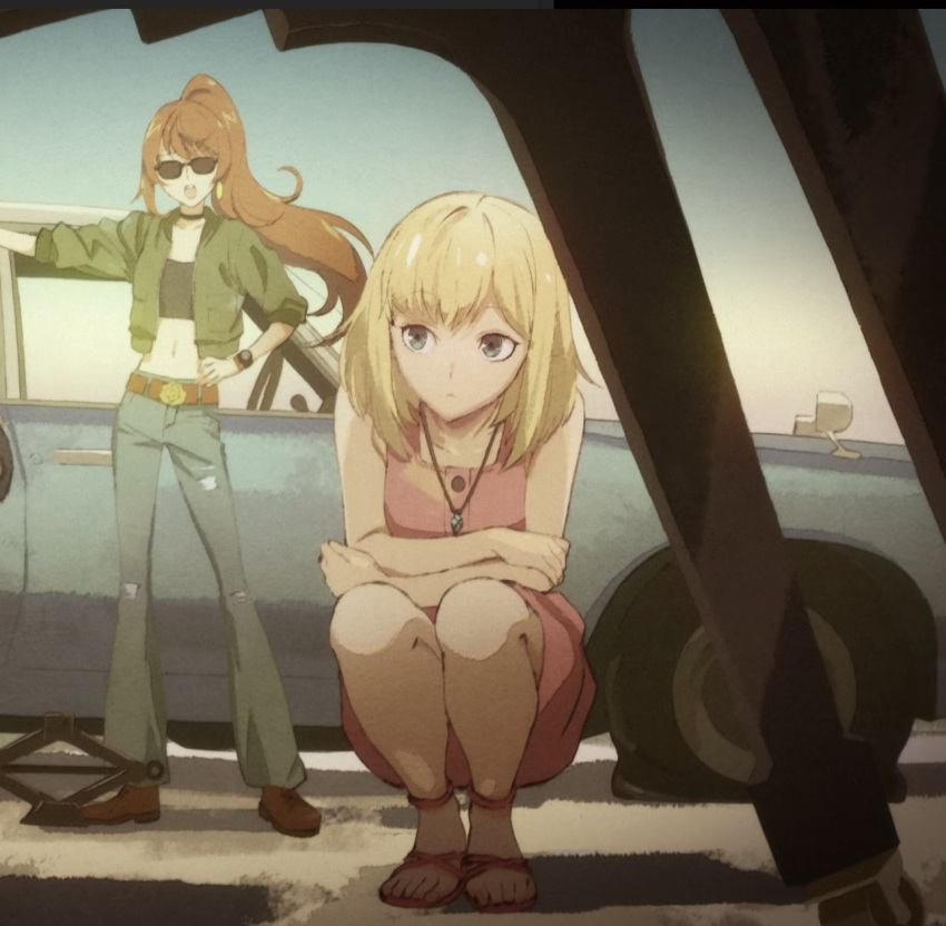 2girls, anna_schneider, brown_belt, car, choker, flat_tire, glasses, green_jacket