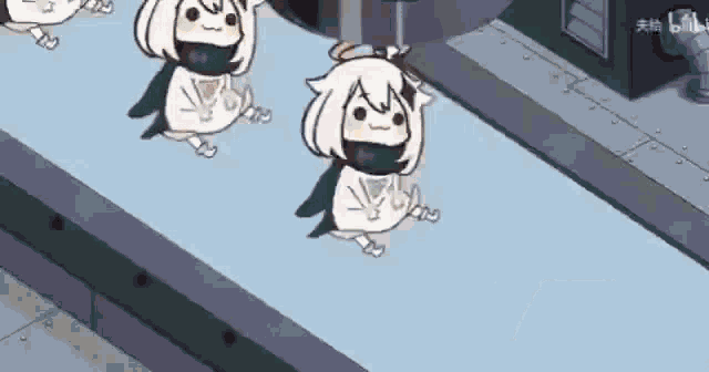 1girl, animated_gif, conveyor_belt, emergency_food, food, genshin_impact, paimon_(genshin_impact), transformation