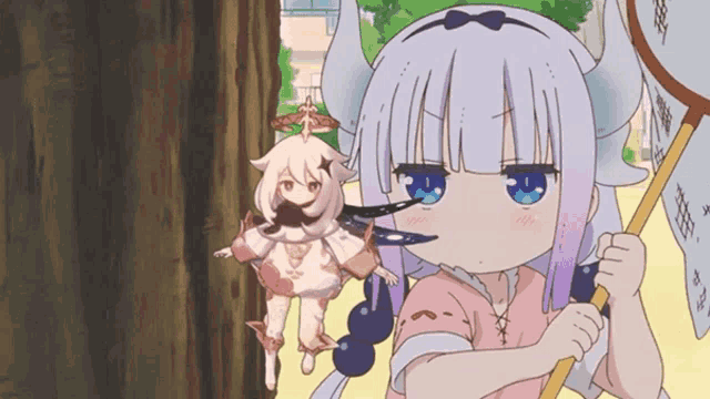 animated_gif, emergency_food, genshin_impact, kanna_kamui, kobayashi-san_chi_no_maidragon, multiple_girls, paimon_(genshin_impact), vore