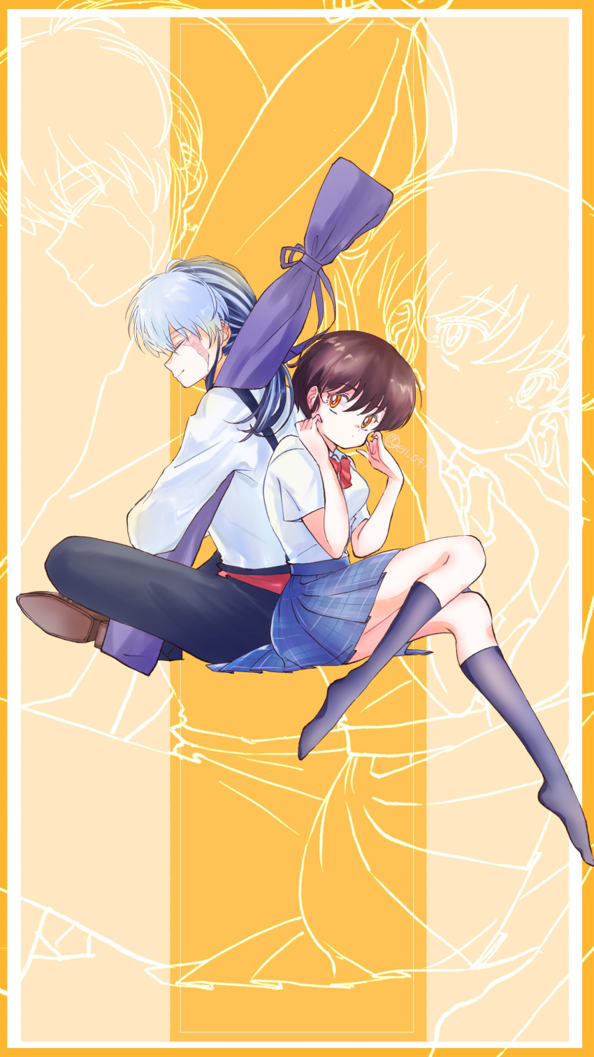 1boy, 1girl, black_and_white_hair, brown_hair, couple, light_brown_eyes, mao_(mao), mao_(takahashi_rumiko), nanoka_kiba