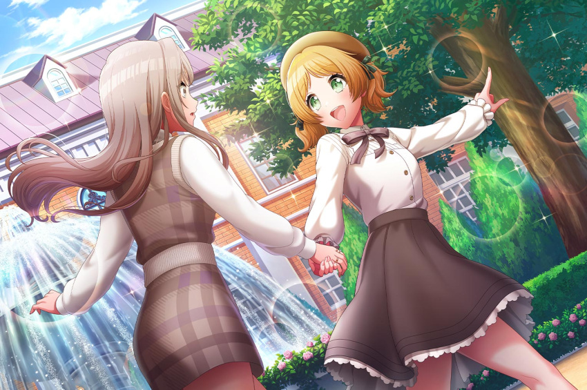 blonde_hair, blush, d4dj, dress, green_eyes, short_hair, smile, takeshita_miiko