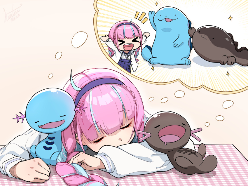 >_<, 1girl, ahoge, bangs, blue_hair, blue_skirt, blunt_bangs, chibi