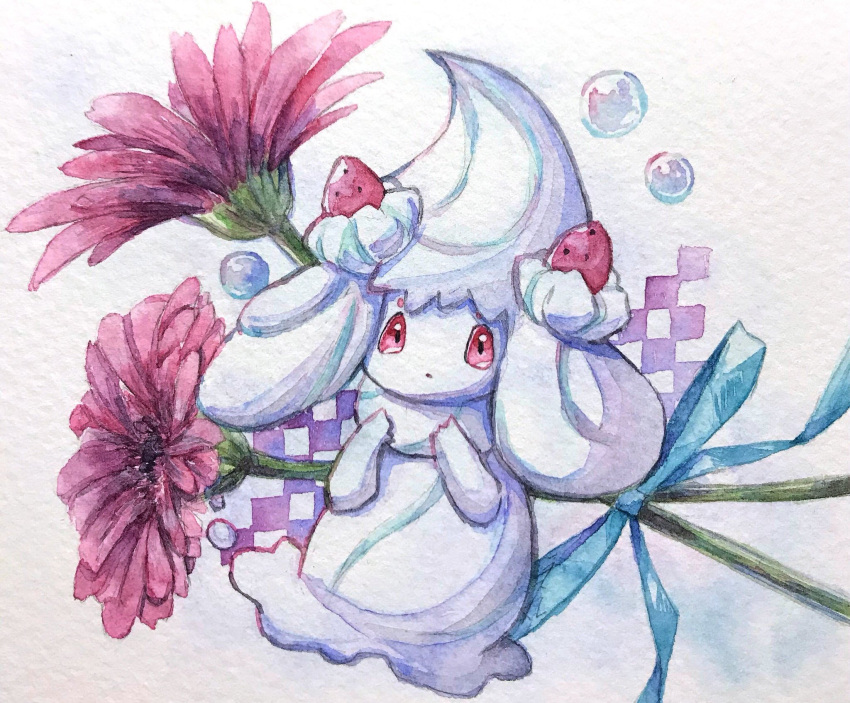 alcremie, blue_bow, blue_ribbon, bow, bubble, checkered_background, dot_mouth, floating