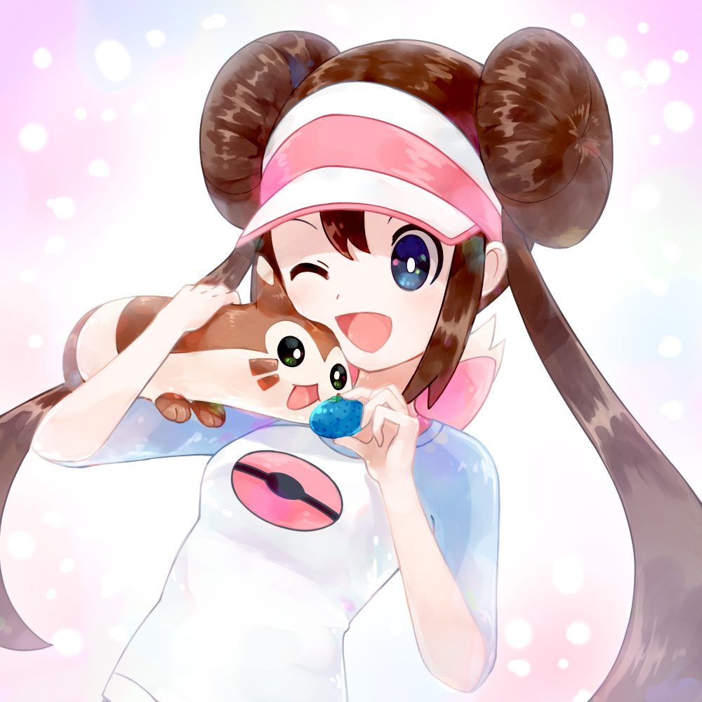 1girl, ;d, bangs, berry_(pokemon), blue_eyes, bright_pupils, brown_hair, commentary_request, double_bun, feeding, food, fruit, furret, hair_bun, hands_up, holding, holding_food, holding_fruit, long_hair, looking_down, one_eye_closed, open_mouth, oran_berry, pokemon, pokemon_(creature), pokemon_(game), pokemon_bw2, pokemon_on_arm, putto, raglan_sleeves, rosa_(pokemon), shirt, sidelocks, smile, tongue, twintails, upper_body, visor_cap, white_pupils