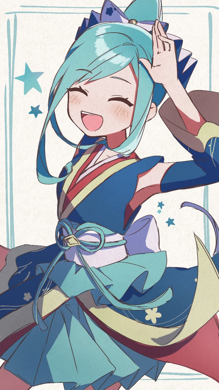 1girl, :d, arm_up, blue_kimono, blush, closed_eyes, commentary_request, detached_sleeves