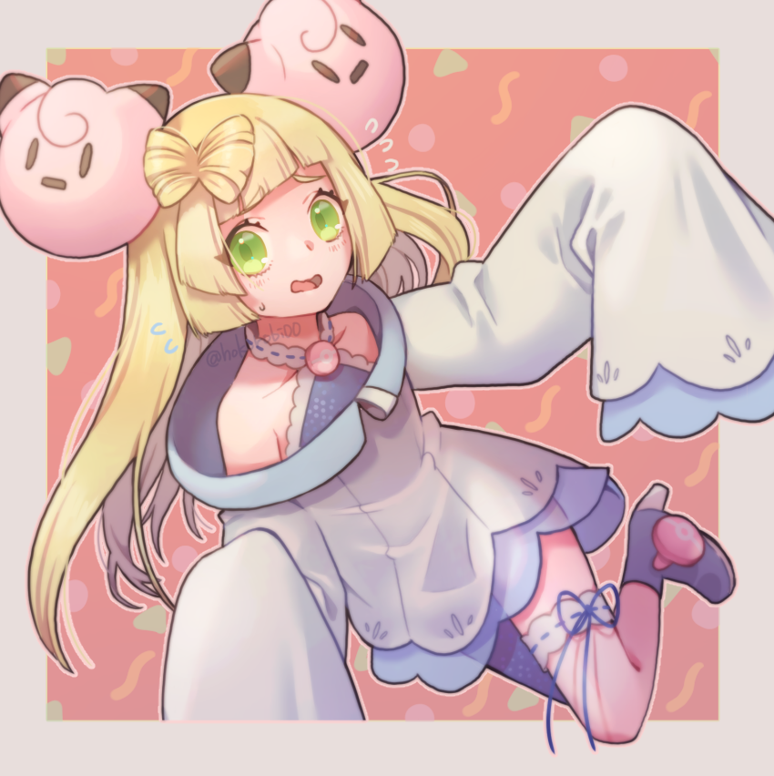 1girl, bangs, blonde_hair, blunt_bangs, blush, bridal_garter, character_hair_ornament, collarbone, commentary_request, cosplay, eyelashes, flying_sweatdrops, green_eyes, grey_footwear, grey_shirt, high_heels, iono_(pokemon), iono_(pokemon)_(cosplay), jacket, lillie_(pokemon), long_hair, looking_at_viewer, open_mouth, outline, pokemon, pokemon_(game), pokemon_hair_ornament, pokemon_sm, pokemon_sv, s_(happycolor_329), shirt, sleeveless, sleeveless_shirt, sleeves_past_fingers, sleeves_past_wrists, solo, tongue, twitter_username, watermark, white_jacket