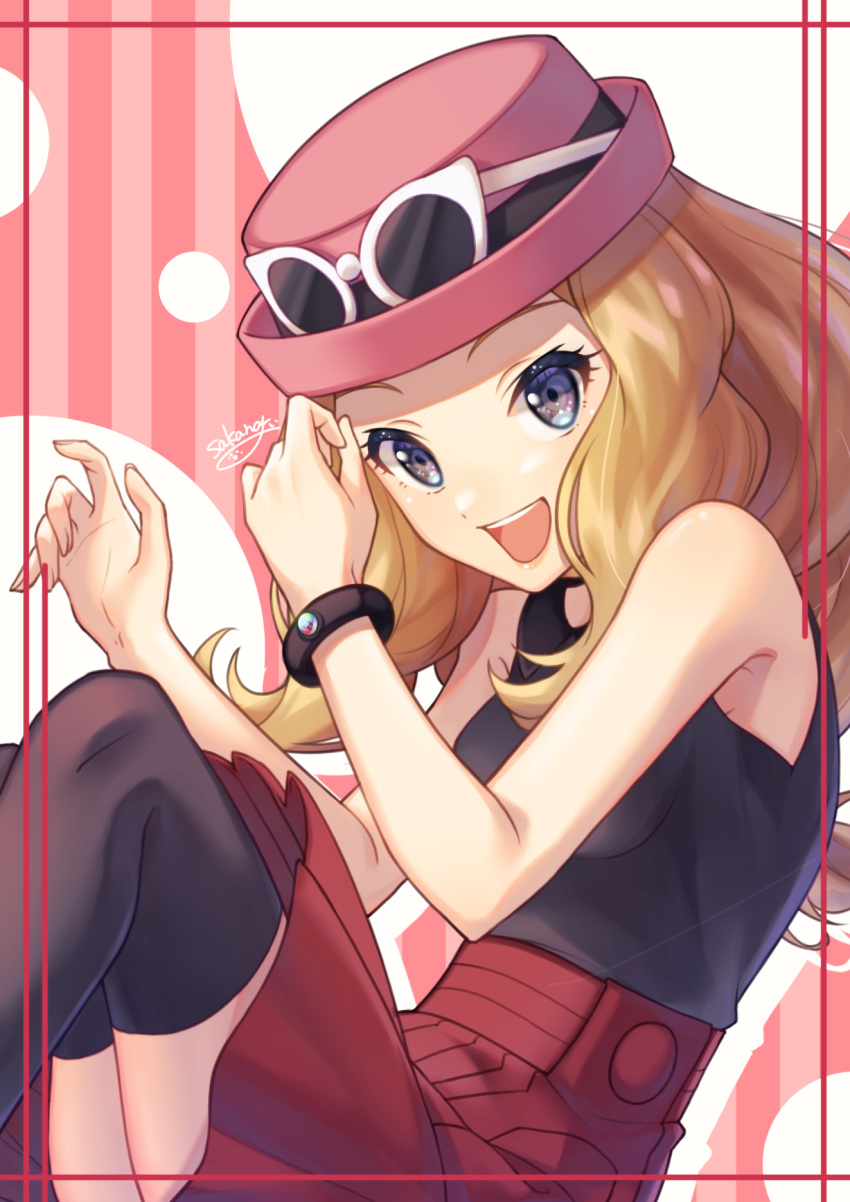 1girl, bare_shoulders, black_shirt, black_thighhighs, blonde_hair, blue_eyes, bracelet, eyewear_on_headwear, hat, highres, jewelry, long_hair, looking_at_viewer, open_mouth, pokemon_(game), pokemon_xy, red_headwear, red_skirt, serena_(pokemon), shirt, signature, skirt, sleeveless, sleeveless_shirt, solo, teeth, thigh-highs, upper_teeth_only, wakame1441