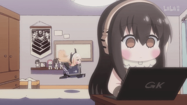 animated_gif, dinergate_(girls_frontline), girls_frontline:healing, jumping, laptop, m4_sopmod_ii_jr, m4a1_(girls_frontline), multiple_girls