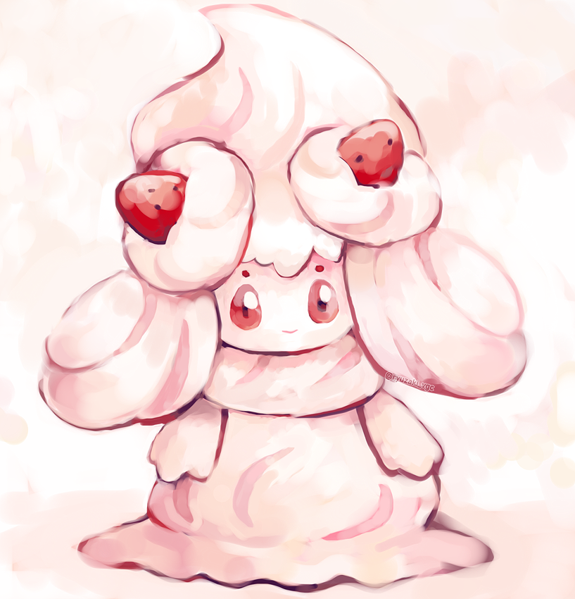 alcremie, alcremie_(strawberry_sweet), closed_mouth, english_commentary, food, fruit, full_body, looking_at_viewer, no_humans, pokemon, pokemon_(creature), red_eyes, sailorclef, smile, solo, strawberry, twitter_username